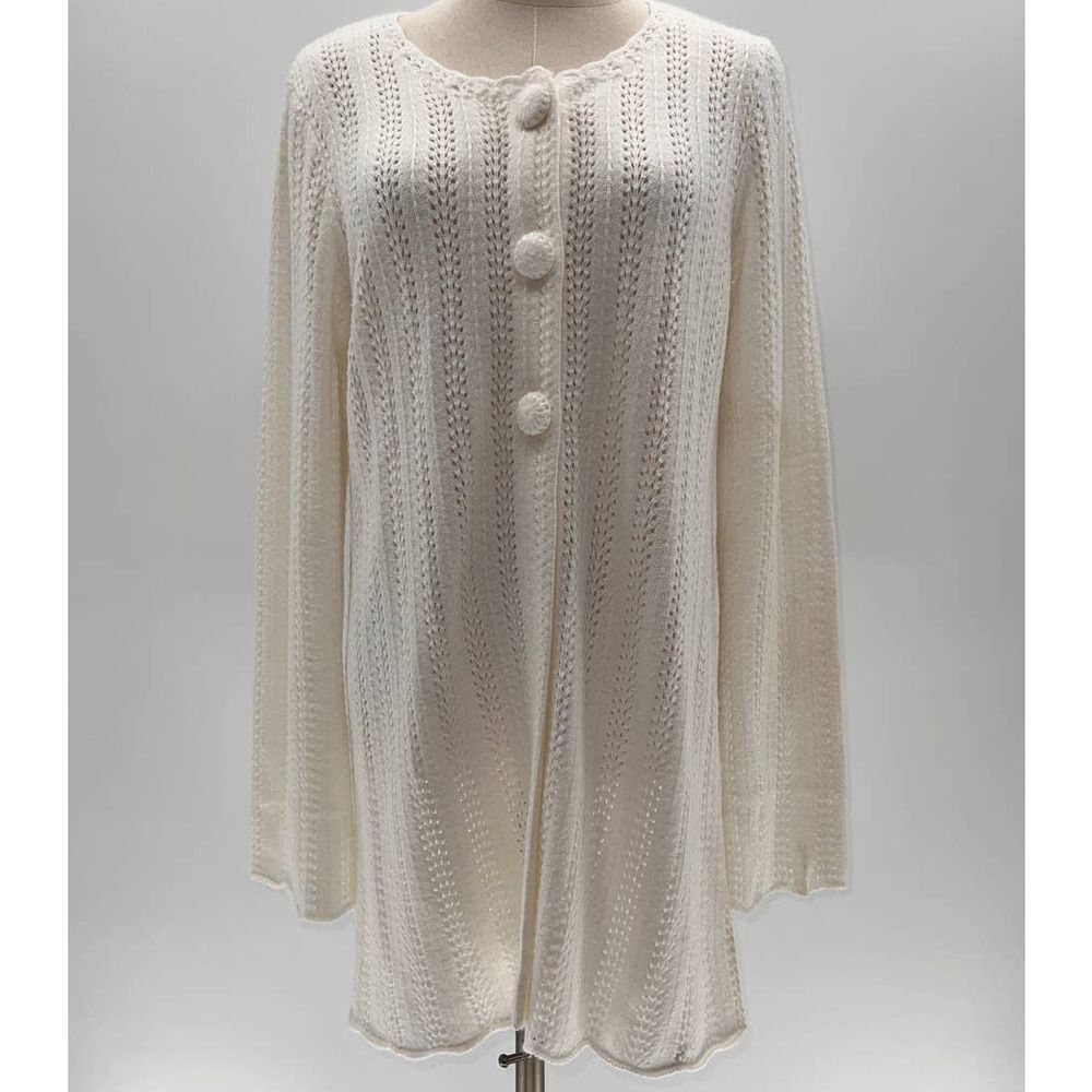 Judith Hart Cream 3/4 Button Up Ruffle Sleeves Knit Pull Over Sweater-L
